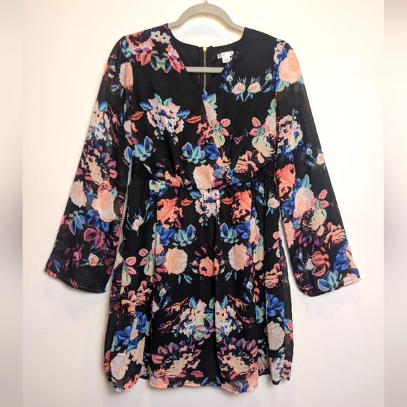 Xhilaration Black Pink Blue Floral Sheer Long Sleeve Dress Small - Picture 1 of 9